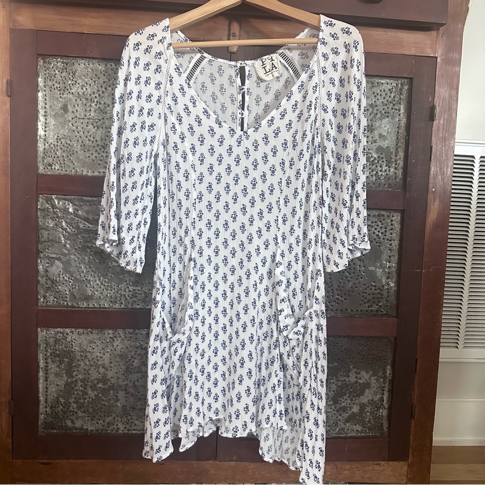 PPLA white navy floral dress tunic lightweight semi-sheer with buttons small